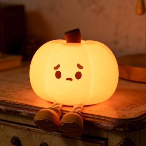 Image of Cute Pumpkin Night Light, Squishy Squeeze Silicone Lamp, USB Rechargeable Dimmable Nursery Light for Kids Bedroom, Halloween Home Decor, Birthday Holiday Gift for Toddlers Girls Boys