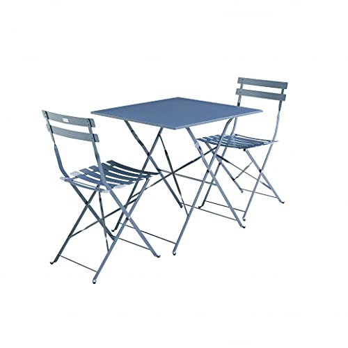 Alice's Garden - Salon de Jardin bistrot Pliable - Emilia carré Bleu grisé - Table 70x70cm avec Deux chaises Pliantes. Acier thermolaqué