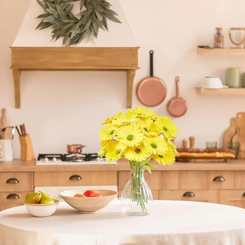 Image of CURATED CART Gerbera Daisy Flowers - Pack of 5 Yellow Faux Blooms, 30cm Tall | Real Touch PU Petals with Bendable Green Stems | Artificial Flower Bouquet for Home, Kitchen, Office (Yellow) (No Vase)