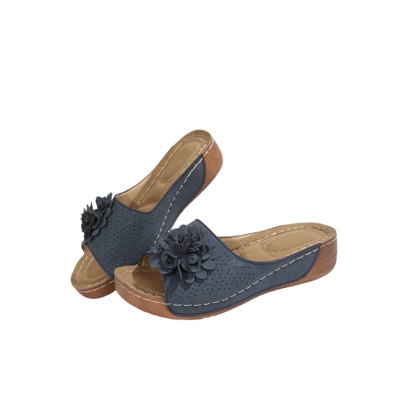 Women's Summer with Flower Decoration, Hand-sewn Outsole, Lightweight Fashion Comfortable Soft Sweet Elegant Wedge Waterproof Platform Slippers