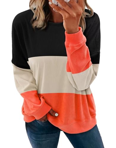 KISSMODA Women's Casual Long Sleeve Sweatshirt Color Block/Solid Crewneck Corduroy Pullover Cute Tops
