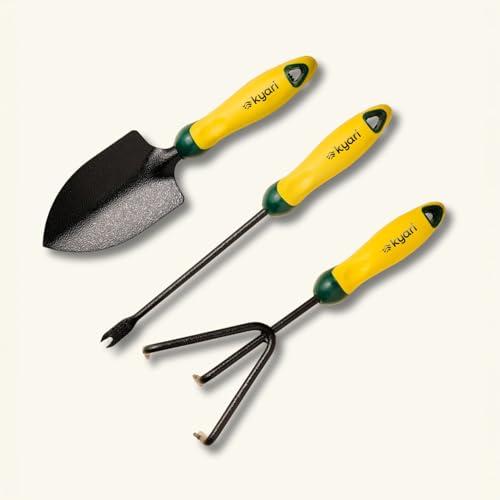 Image of KYARI Gardening Tools Kit for Home Gardening - 3Pcs Hand Tool Set with Trowel Cultivator Weeder for Digging Planting Weeding Loosening Soil