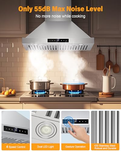 30 Inch Wall Mount Range Hood 1200CFM, 4-Speed Smart Wall Mount Range Hood with Touch Sensor & Remote, Dual LED Lights, Baffle Filters Ducted/Ductless Convertible Pro Series