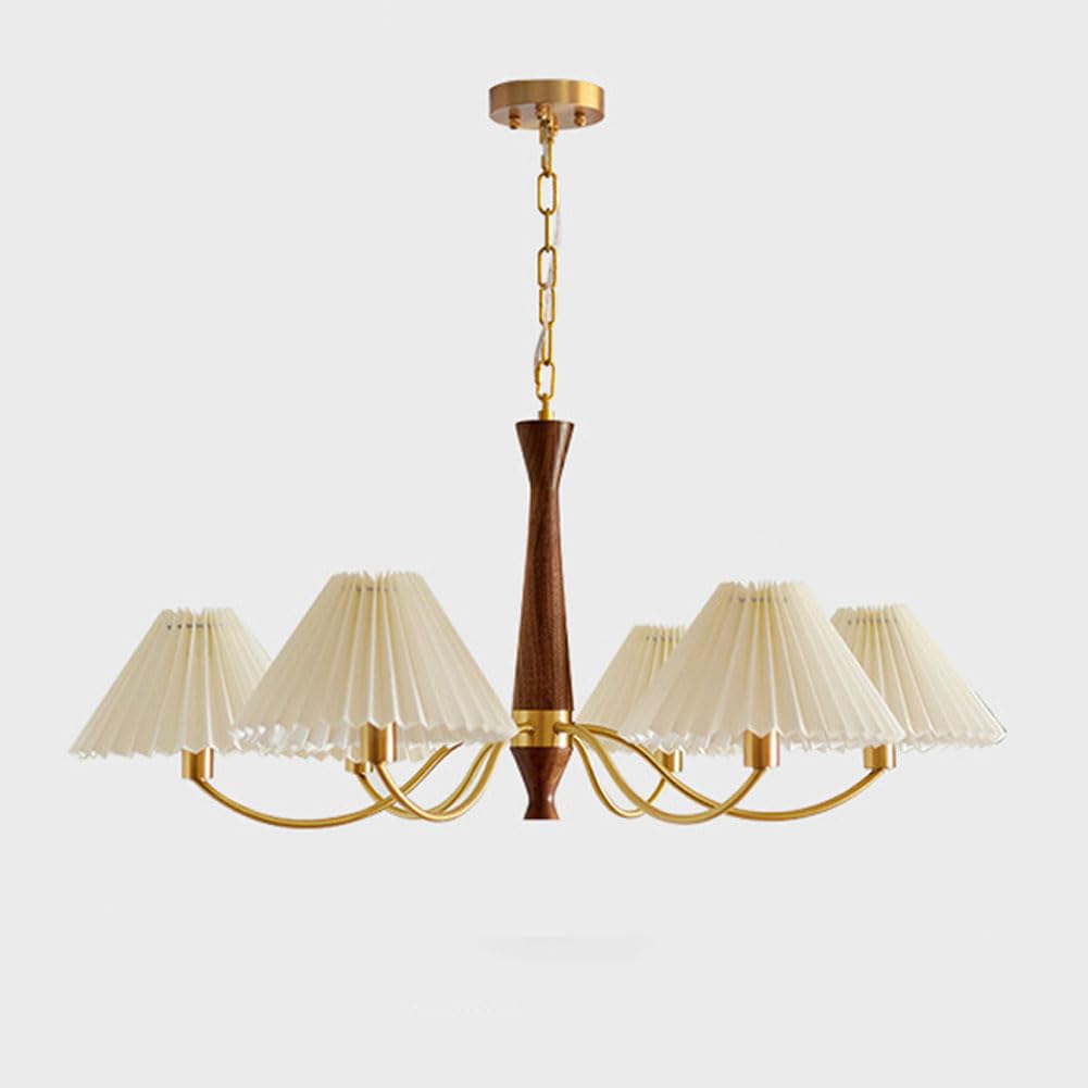 Żyrandol w stylu retro o pełnym spektrum, rustykalna lampa wisząca z drewna orzechowego i miedzi, oświetlenie z plisowanym kloszem, styl wiejski do salonu, gabinetu i jadalni, 6 głowic