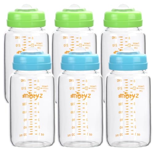 Image of Matyz Glass Breastmilk Storage Bottles, 6 Pack, 8 oz, Compatible with Spectra Medela Pump - Store, Freeze, Warm Up Milk Well - Large Breastmilk Storage Containers - No BPA (3 Green & 3 Blue Lids)