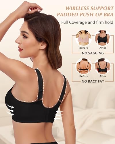 Image of Wireless Support Bra Full Coverage Padded Push Up Anti Sagging Comfortable Seamless Lace Bras No Underwire