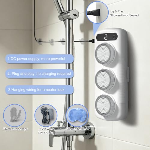 Image of Electric Back Scrubber for Shower Wall, Shower Back Scrubber Wall Mounted | No Battery Needed Waterproof Exfoliating Scrubber with 1Massage Foot Mat & 10Cable Clip，Powerful Performance