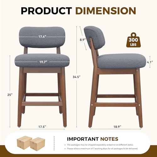 Image of Counter Height Bar Stools Set of 2, Mid-Century Modern Boucle Bar Chairs with Solid Wood Frame, Fluffy Upholstered Stools with Backrest for Kitchen Island, Home Bar, Dove Gray