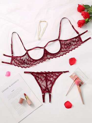 Image of Lilosy Sexy Underwire Floral Lace Sheer Lingerie Set for Women See Through Bra and Panty 2 Piece