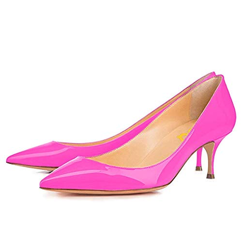 FSJ Women Classic Low Kitten Heel Pointed Closed Toe Pumps Slip On Office Ladies Prom Wedding Dress Basic Shoes Size 4 Fuchsia