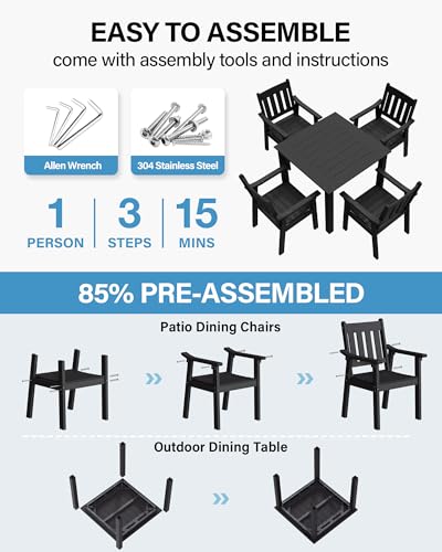 Image of YEFU HIPS Patio Table Set: 5 Piece Outdoor Square Table and Chairs with Metal Aluminum Frame - Black Modern Plastic Patio Dining Furniture Set 4 Person for Outside Deck