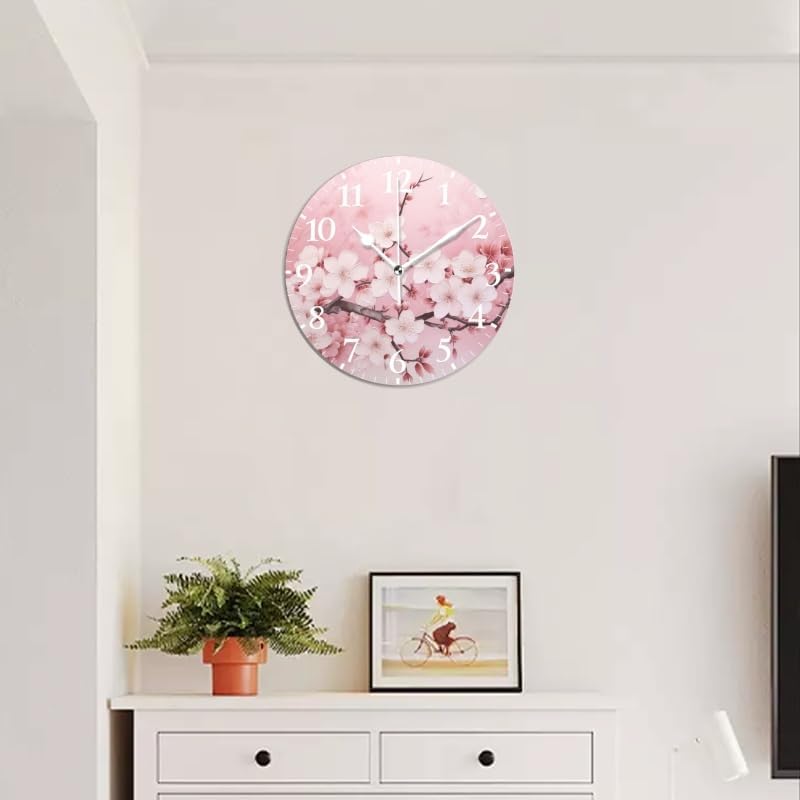 Battery Operated Round Wall Clock Non-Ticking Silent Analog Clcok Decorative for Living Room,Office,Kitchen-Delicate Beauty of Sakura in Dreamy Display(14inch)