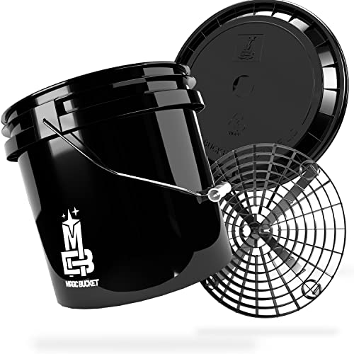 MAGIC BUCKET | Auto Handwäsche Bundle | Wascheimer mit passendem Eimer Deckel 3 5 US GALLONEN ca. 13 Liter | Mit Grit Guard Eimereinsatz Schmutzsieb | Waschset Schwarz/Schwarz