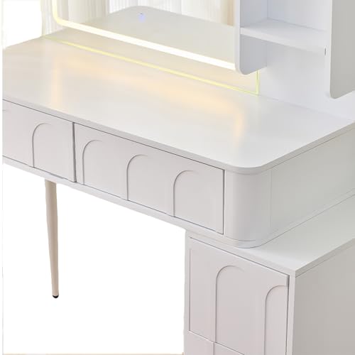 Image of JIVOIT Modern Makeup Vanity Desk with Mirror, Dressing Table Set with Stool, Unique Fluted Waveform Panels, Space-Saving Vanity Set with 4 Drawer, Strong Metal Legs, Easy Assembly (White / /3)