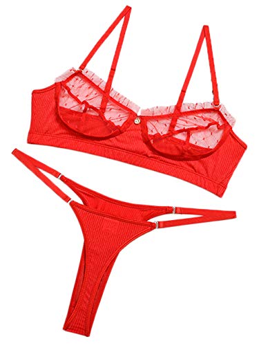 Kaei&Shi Sexy Lingerie for Women,2 Piece Lace Lingerie Set,Underwire Ribbed Bra and Panty Sets Bride Wedding Bridal Petite Red Small