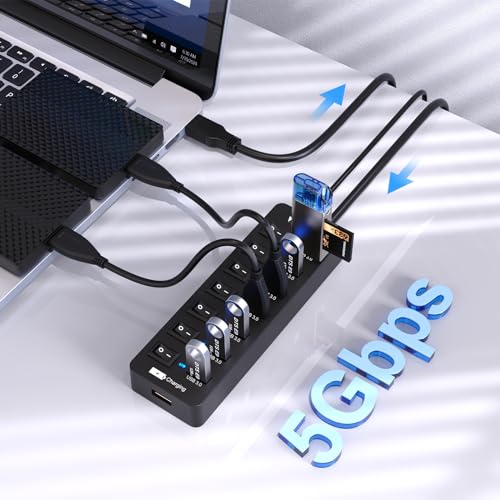 Powered USB Hub 3.0,VEMONT 7 Ports Multi USB hubs and 1 USB Smart Charging Port with 5V/3A Power Supply,USB Extension Splitter with Individual On/Off Switches and 4ft/1.2m Long Cable for PC/Laptop - Image 3