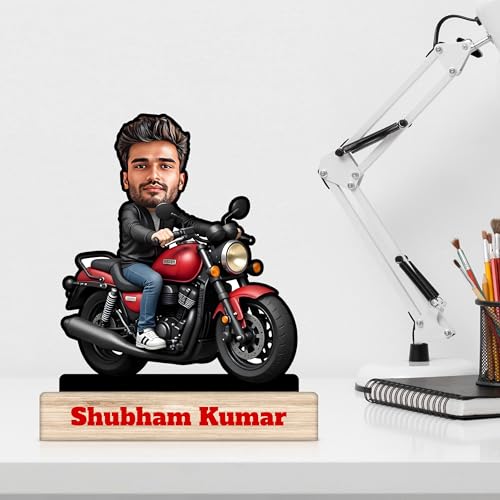 Image of Regalo Casila Personalized Motorcycle Rider Caricature With 6 Inches Wooden Stand - Character Photo Frame for Friends, Boys, Father, Boyfriend - Customized Gift