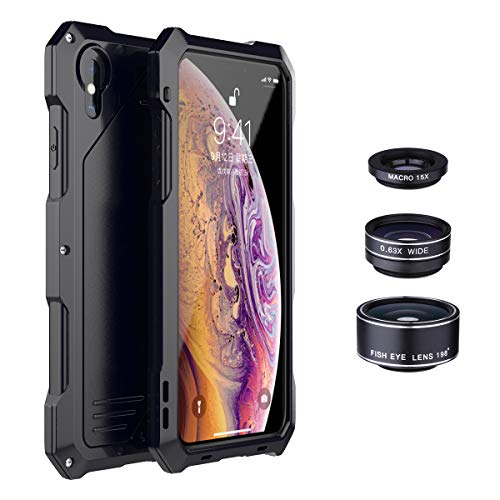iPhone Xs Max Case, Jingangyu iPhone Xs Max Case Full Body with Fisheye Lens, 0.63X Wide Angle Lens and 15X Micro Lens, Shockproof Aluminum Case Cover for iPhone Xs Max 6.5 Inch