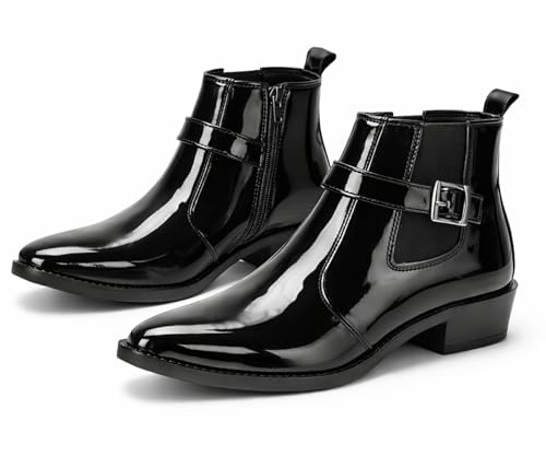Image of Kraasa Men's Synthetic Leather Ankle Boots with Side Buckle Strap, Elastic Panel & Durable TPR Sole Casual & Formal Wear Boot
