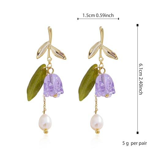 Violet Bell Orchid Pearl Stud Earrings for Women Simple Bell Orchid Flower Tassel Dangle Drop Earrings Wedding Party Daily Jewelry Gifts 5