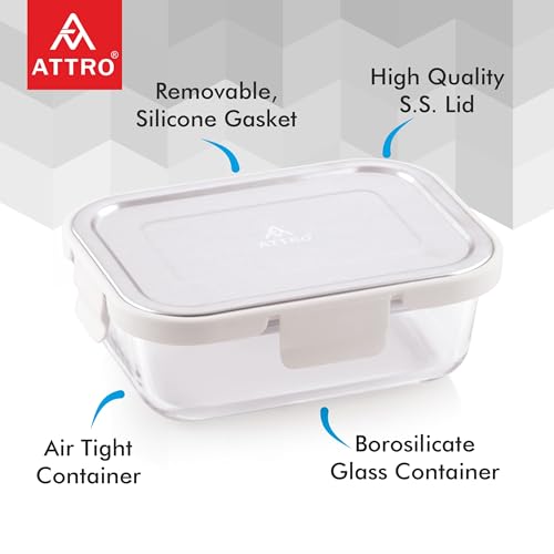 Image of ATTRO Glassox Borosilicate Rectangular Glass Lunch Box with Stainless Steel Lid Food Storage Container Microwave & Freezer Safe BPA-Free Food-Grade 1040ml, Transparent
