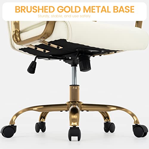 Mfd Living Home Office Chair, Modern Upholstered Mid-Back Pu Leather Task Desk Chair With Arms, Adjustable Rocking Swivel Computer Chair With Wheels (Off-White, Gold Base) #TOP6