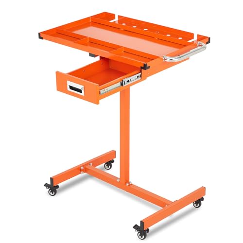 Rolling Tool Tray with Wheels, Adjustable Height Tool Work Table with Drawer, 220Lbs Capacity Mechanic Workbench, Rolling Tool Table for Garage, Warehouse, Repair Shops, Workshop, Orange