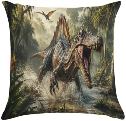 QJHDBRF Spinosaurus Dinosaur Jungle Soft Plush Throw Pillow Cover 18"x18" Fluffy Cushion Case Hidden Zipper