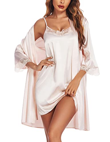 Ekouaer Camisones de Mujer Sexy con Cinturón Kimono Albornoz Seda Camisón Corto Verano Batas de Pijamas, Champán, XXL