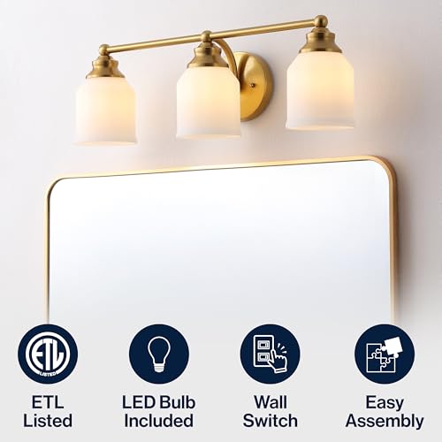 Image of JONATHAN Y 24 inch Brass Gold /White Modern Farmhouse LED Vanity Light Wall Sconce Fixture, Frosted White Glass Shade, Dimmable Wall Lamp for Bathroom Mirror Kitchen Sink, UL Listed (JYL7551B)