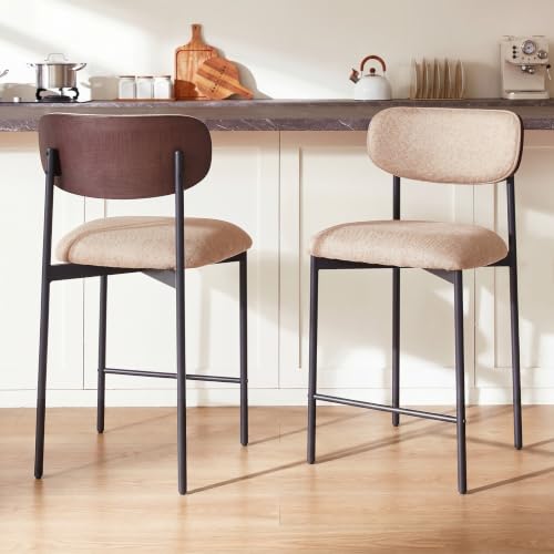 Image of GrandNoor Modern Bar Stools Set of 2, 24 Inch Upholstered Fabric Counter Height Bar Stools with Curved Backrest & Metal Legs, Counter Height Stools with Back for Kitchen Island