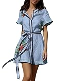 CHARTOU Women's Floral Linen Button Down Wrap Tie Knot Boho Beach Shirt Dress with Belt (Medium, Blue)
