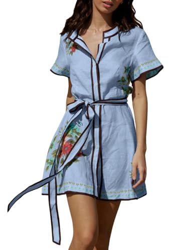 CHARTOU Women's Floral Linen Button Down Wrap Tie Knot Boho Beach Shirt Dress with Belt (Medium, Blue)