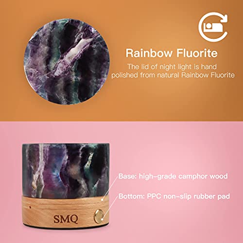 Smq Rainbow Fluorite Crystal Night Light With Usb Charging Port,Handmade Polished Natural Stone Cylindrical Touch Night Lamp With Wooden Base For Living Room,Shelf,Office #TOP5