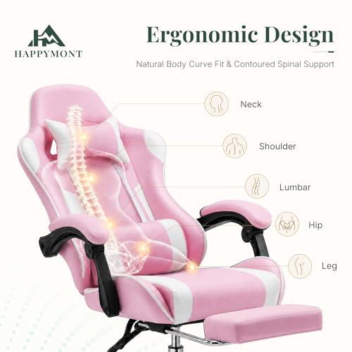 Image of Video Game Desk Chair, Ergonomic High Back PU Leather Computer Gaming Chair with Headrest & Linkage Armrest, Height Adjustable with 360 Swivel, for Adults, Pink