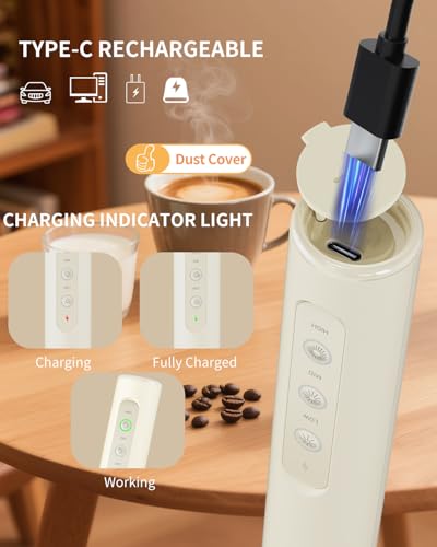 Image of CIRCLE JOY Rechargeable Handheld Milk Frother Wand with Stand, 3 Variable Speeds, 3 Whisks and Storage Box, Electric Drink Mixer for Latte, Cappuccino, Hot Chocolate, Eggs and Protein Powder, Beige