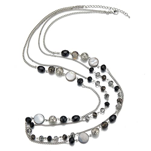 Noessla Layered Long Necklaces For Women Crystal Beaded Statement Necklace Sweater Silver Chain With Gifts Box Jewelry(Black) #TOP1