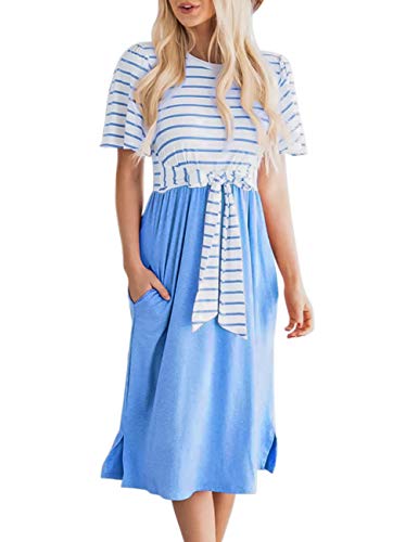 Merokeety Women's Summer Striped Ruffle Sleeves Tie Waist Crew Neck Casual Swing Midi Dress Light Blue #TOP28