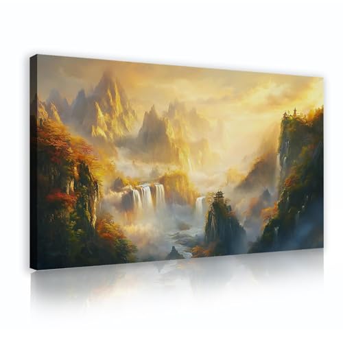 Toile Affiche Cascade et Montagne avec Cadre Intérieur Bois