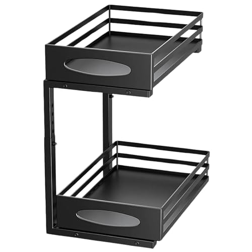 Organizador bajo fregadero cocina y Baño 2 Niveles Extraíble – Altura Ajustable 31-40 cm, Cajones Deslizantes, 40 x 22 cm, Soporta 54 kg, Negro | Cocina, Baño y Armario | Under sink organizer (Negro)