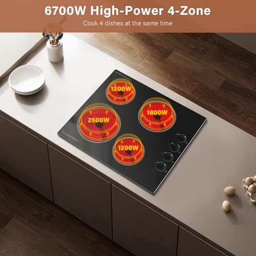 Image of 24 inch Built-In 4 Burner Electric Cooktop, Dual-Ring Burners, 6700W Radiant Stove Top with Knob Control, Residual Heat Indicator & Auto Shut Off, 220-240v Hardwire(No Plug)