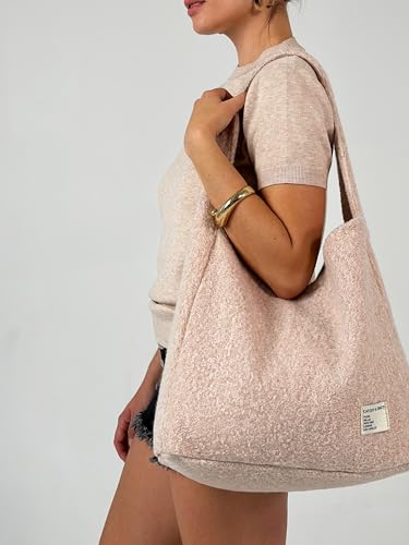 Image of CATCHY & CRAFTY Tote Bag for Women - Plush Large Hobo Gym Bag for Workout, Yoga, Travel - Fluffy Fleece