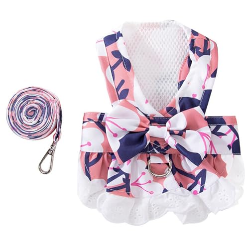 Anelekor Dog Harness Dress for Small Dog Daisy Floral Dog Harness and Leash Set Bow Knot Girl Puppy Princess Skirt with D-Ring Mesh Summer Pet Clothes for Cat Dogs (Pink, Medium)