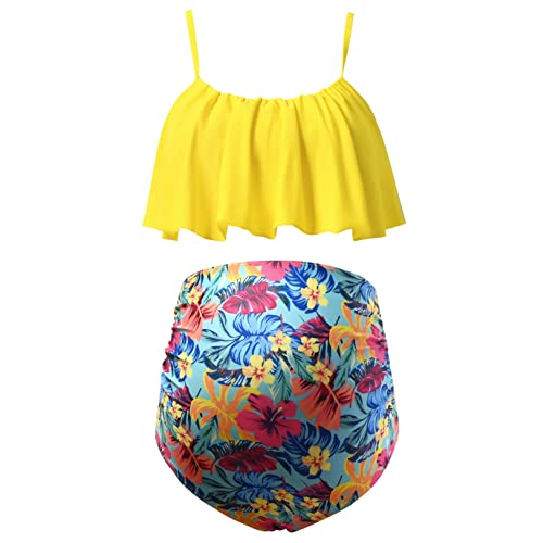 Debelly Maternity Floral Bathing Suits Pregnancy Ruffled Swimwear 2 Pieces Women's Bikini Sets High Waist Ruched Bottom,Yellow Tropical,M #TOP2