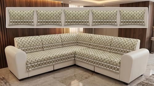 Image of Luxury Sofa Cover L Shape 5 Seater with Matching Cushion Cover 16x16 inch - Beige Diamond Jacquard 3+2 Seater (5 Seater) Quilted Sofa Cover Set Pack of 10, Washable, Beige Gold