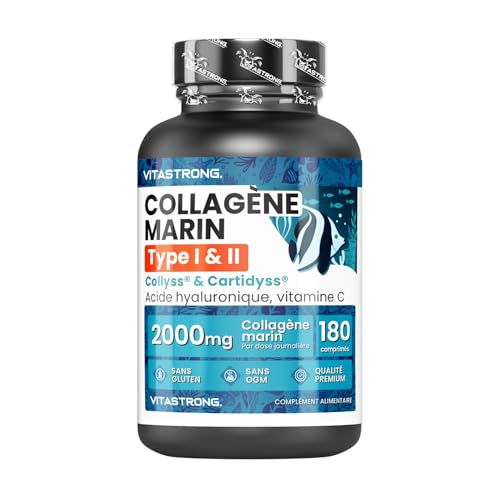 Collagene Marin, Acide Hyaluronique, Vitamine C, 180 Comprimés, Collagène Hydrolysé de Type 1&2 Collyss Cartidyss, Supplément de Collagene Marin Acide Hyaluronique avec Vitamin C, Qualité Vitastrong