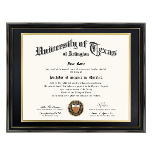 GraduationMall 14x17 Diploma Frame with Black over Gold Mat or Display 16x20 Certificate without Mat,Solid Wood & Tempered Glass,Glossy Black Finish with Gold Trim