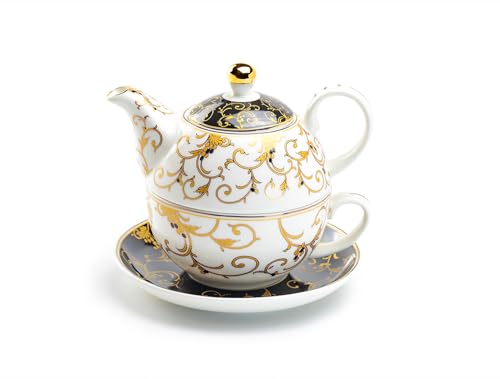 Gracie China Shop Grace Teaware Gold Scroll Fine Porcelain Tea For One Set (Black), Regular