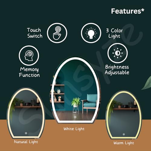 Image of Sunsyze LED Mirror for Bathroom, Washbasin and Office, 18x24 Wall Mounted Half Oval Shape Mirror with Light /3 Color Light (Warm, White and Natural Light) Brightness Adjustable