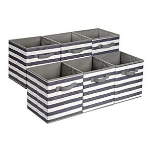 Amazon Basics Collapsible Fabric Storage Cube Organizer with Handles, 10.5 x 10.5 x 11 Inch, White/ Light Grey Stripe – Pack of 6